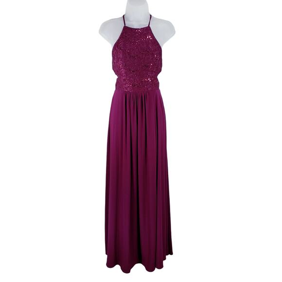 Morgan & Co Maxi Dress 5 Jr Women Wine Red‎ Purple Evening Gown Halter Sequins - Picture 1 of 12